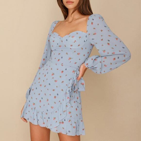 Reformation Dresses & Skirts - Reformation Cammi Mini Wrap Dress in Beau Light Blue Size 8